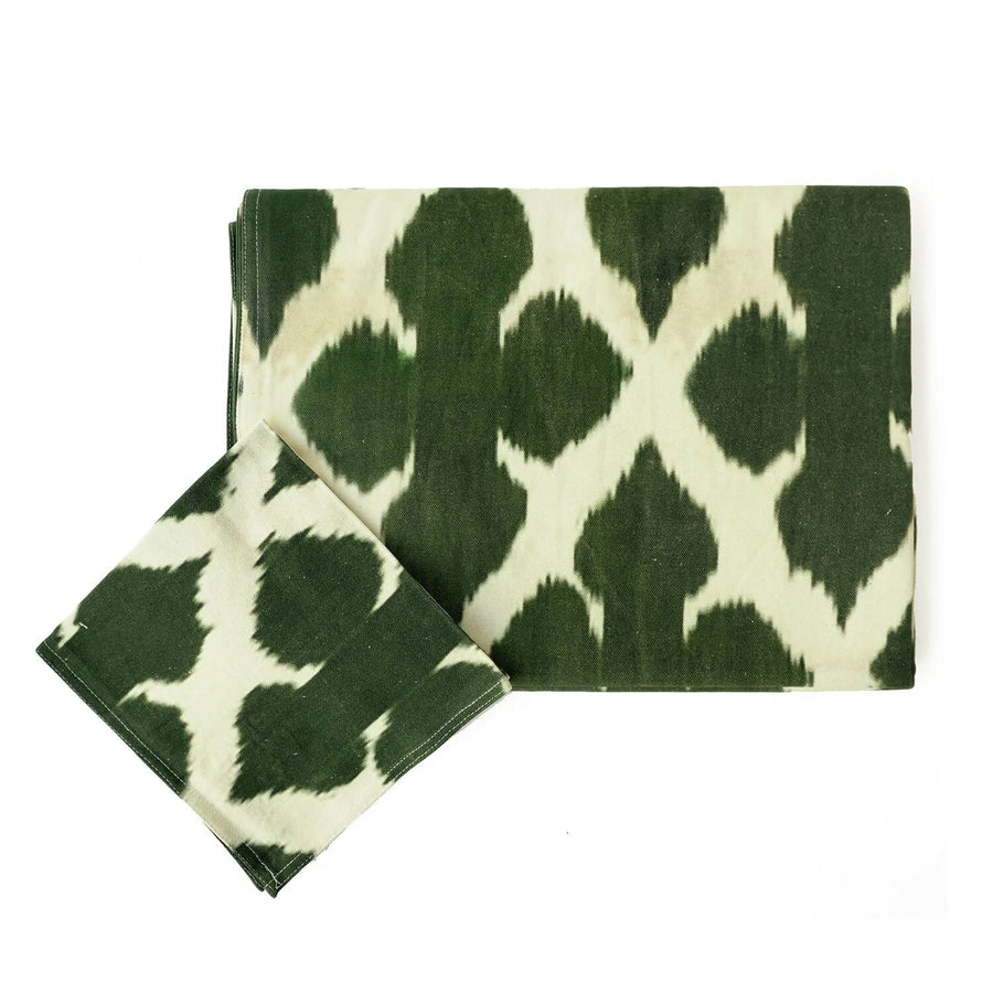 Green Ikat Tablecloth (Set with 8 Napkins)